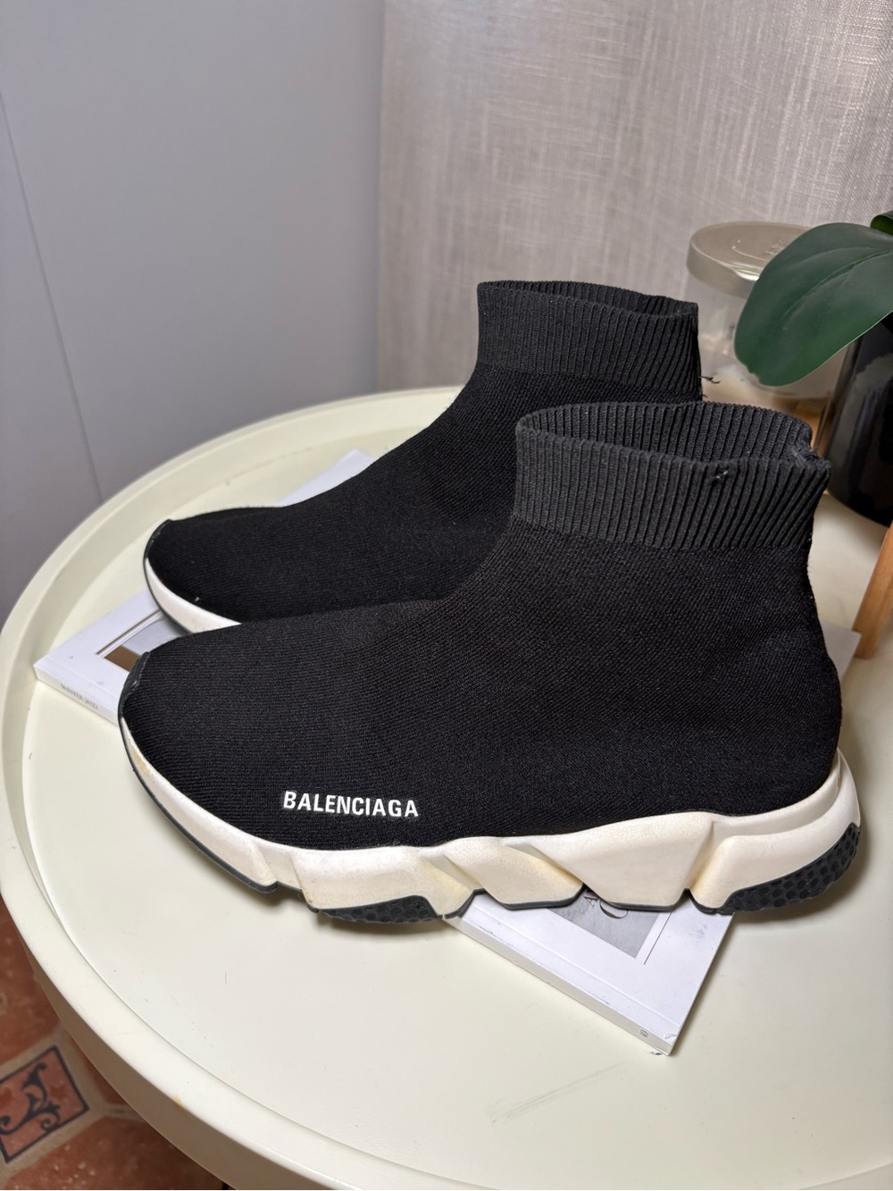 Balenciaga Speed Knit Sock Sneakers High Top Slip On Black White